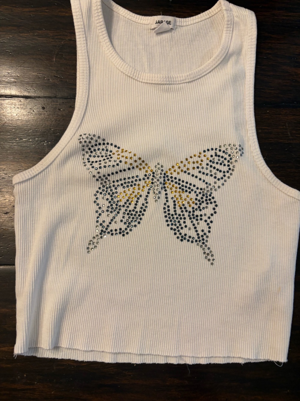 Garage white with rhinestone butterfly cropped tank top size xs